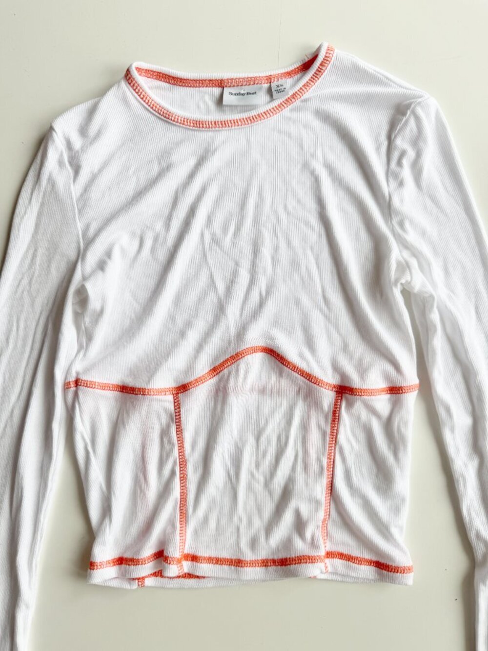 Aritzia SUNDAY BEST Dove White Modal Ribbed Jersey Orange Seam T-Shirt, Size XS - Picture 6 of 14
